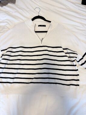 Mango White V-Neck Half-Zip Striped Sweater